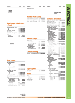 Page 37ELECTRICALDESCRIPTION QTY REQ. PART No.DESCRIPTION QTY REQ. PART No.DESCRIPTION QTY REQ. PART No.
Side Lamps & Indicators
- Front
Indicator assembly - front;
rh (1)XBD100880
lh (1)XBD100870
Bulb holder - indicator (2)XBP100180
Side repeater (2)XGB000030
Bulb holder - side repeater (2)YPY100220
Bulbs;
indicator (2)264591
side repeater (2)AFU4481
Rear Lamps
Rear lamp assembly;
‘E’-post
rh (1)XFB000160
lh (1)XFB000170
bumper-mounted
rh (1)XFB101480
lh (1)XFB101490
Bulb holder - rear lamp;
‘E’-post lamp
rh...