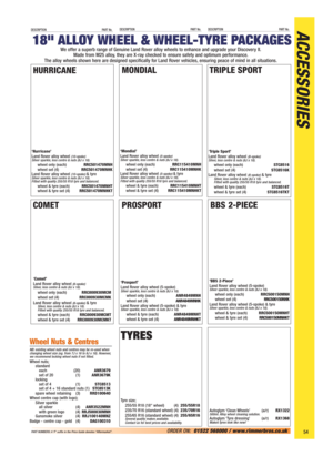 Page 55ORDER ON:01522 568000 / www.rimmerbros.co.uk 
ACCESSORIESDESCRIPTION PART No.DESCRIPTION PART No.DESCRIPTION PART No.
54ORDER ON:01522 568000 / www.rimmerbros.co.uk PART NUMBERS: A ‘P’ suffix in the Price Guide denotes “Aftermarket”.
‘Hurricane’ 
Land Rover alloy wheel (10-spoke)
Silver sparkle, less centre & nuts (8J x 18).
wheel only (each)RRC501470MNH
wheel set (4)RRC501470MNHK
Land Rover alloy wheel 
(10-spoke) & tyre Silver sparkle, less centre & nuts (8J x 18).
Fitted with quality 255/55 R18 tyre...