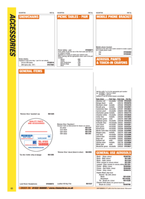 Page 64DESCRIPTION PART No.DESCRIPTION PART No.DESCRIPTION PART No.
63ORDER ON:01522 568000 / www.rimmerbros.co.uk PART NUMBERS: A ‘P’ suffix in the Price Guide denotes “Aftermarket”.
Black  - Gloss (400ml)RX4070A
Black - Matt (500ml)RX1266
Black - Satin (500ml)RX1538
Silver (Suitable for wheels) (450ml)RX1265
Lacquer - Clear (Suitable for wheels) (400ml)RX1261
Primer - White (150ml)RX4048A
Primer - Red Oxide (150ml)RX4049A
Primer - Grey (150ml)RX4047A
Engine Black 
(High Heat)AerosolHy-cote...
