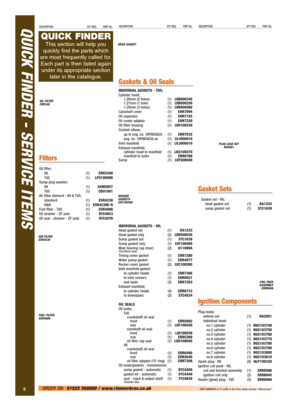 Page 10QUICK FINDER - SERVICE ITEMS
9ORDER ON:01522 568000 / www.rimmerbros.co.uk 
DESCRIPTION QTY REQ. PART No.DESCRIPTION QTY REQ. PART No.
Filters
Oil filter;
V8 (1)ERR3340
Td5 (1)LPX100590
Sump plug washer;
V8 (1)UAM2857
Td5 (1)CDU1001
Air filter element - V8 & Td5;
standard (1)ESR4238
K&N (1)ESR4238K-N
Fuel filter - Td5 (1)ESR4686
Oil strainer - ZF auto (1)RTC4653
Oil seal - strainer - ZF auto (1)RTC4276
Gaskets & Oil Seals
INDIVIDUAL GASKETS - TD5;
Cylinder head;
1.20mm (2 holes) (1)LVB000240
1.27mm (1...