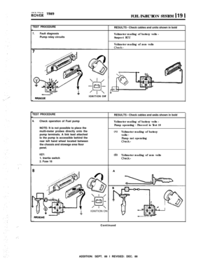 Page 102., -.
:
:
1,‘.FUEL INJECTION SYSTEM 
119 1
TEST PROCEDURERESULTS - Check cables and units shown in bold
7.Fault diagnosisPump relay circuitsVoltmeter reading of battery volts -
Suspect ECU
Voltmeter reading of zero volts
Check:-IGNITION ON
RR2833E
TEST PROCEDURE
I.Check operation of Fuel pump
NOTE: 
II is not possible to place the
multi-meter probes directly onto the
pump lerminals. A link lead attached
lo the pump is accessible behind the
rear left hand wheel located between
the chassis and stowage area...