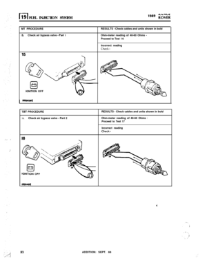 Page 107l-i19 FUEL INJECTION SYSTEM
MT PROCEDURE
15.Check air bypass valve - Par( 1RESULTS 
- Check cables and units shown in bold
Ohm-meter reading of 40-60 Ohms 
-
Proceed to Test 16
Incorrect reading
Check:-
IGNITION 
OFF
‘EST PROCEDURE
16.Check air bypass valve - Part 2
I0RESULTS 
- Check cables and units shown in bold
Ohm-meter reading of 40-60 Ohms 
-Proceed to Test 17
Incorrect reading
Check:-
IWMOE
52ADDITION: SEPT. 88 