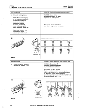 Page 111,’ :’
.,,
. . ..I
r-l19 FUEL INJECTION SYSTEM1989 wiNCltROVER
EST PROCEDURE
!l.Check for leaking injector
NOTE: Before removing any
of the injectors, remove and
examine the spark plugs,
check for consistent
colouralion of plugs.
A leaking injector will
result in the appropriate
spark plug being ‘sooted up’.
Remove all injectors from
manifold but do not
disconnect from fuel railRESULTS 
- Check cables and units shown in bold
WARNING: Ensure that all
necessary precautions are takento prevent fire and...