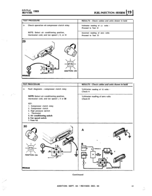 Page 116KAl~bJrROVER 
“*’FUEL INIECTION SYSTEM 119 1II
RESULTS - Check cables and units shown in boldVoltmeter reading of 12 volts 
-Proceed to Test 31
TEST PROCEDURE
29.Check operation ot compressor clutch relay
NOTE: Select air conditioning position,Incorrect reading of zero volts
thermostat cold, and tan speed I, II, or IllProceed to Test 30
30.Fault diagnosis - compressor clutch relayr reading of 12 volts -
NOTEz Select air conditioning position,
thermostat cold, and tan speed I, II or Ill
KEY:
1. Compressor...