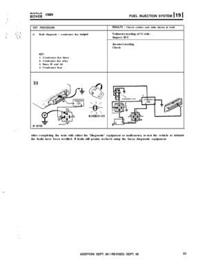 Page 118. .
.‘;..L.,
::.,’XFUEL INJECTION SYSTEM 
119 1‘EST PROCEDURE
13.Fault diagnosis - condenser fan outpulRESULTS 
- Check cables and units shown in bold
Voltmeter reading of 12 volts 
-
Suspect ECUKEY:
1. Condenser fan timer
2. Condenser fan relay
3. Fuses Al and A2
4. Condenser fans
Incorrect readingCheck:
\ 1 /
-a-0
’ I ’IGNITION ON
IR 2676E
After completing the tests with either the ‘Diagnostic’ equipment or multi-meter, re-test the vehicle to ensure
the faults have been rectified. If faults still...