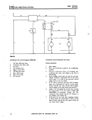 Page 11912BA6
ov-
E
I
BGWG4IN .+
l-
3
---
BNBR
t B
I9I---
RWOlOE
,, ,. :’Condenser fan circuit diagram RR2610E
1.12V from EFI main relay.
2.Condenser fan timer unit.Condenser fans/Condenser fan timer
Check operation
3.Fanrelay.1.4.12Vbattery feed.
2.
5.Trigger, from ECU.
6.12Vfrom fan relay.3.
7.Fuse Al-20 amp.
8.Fuse A2-20 amp.
9.Fanmotors4.
5.
6.64
ADDITION: SEPT. 88 / REVISED: SEPT. 90
7.Start engine.
Move air con/heater control to air conditioning
position.
Check condenser fans, if working the
condenser fan...