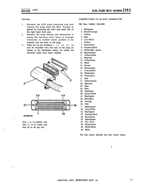 Page 128Ki;;‘;ir 1990
FUEL INJECTION SYSTEM 119 1
.
TESTINGCONNECTIONS TO 40 WAY CONNECTOR
Release the ECU plug retaining clip and
remove the plug from the ECU. Access is
gained by removing the front seat base trim of
the right hand front seat.
Remove the plug shroud and manoeuver it
along the harness until there is enough
clearance to enable meter probes to be
inserted into the back of the plug.
There are six pin numbers 1, 13, 14, 27, 28
and 40 moulded onto the rear of the plug as
shown in the illustration...