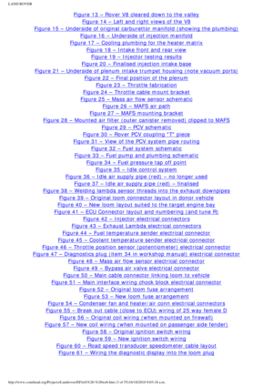 Page 3
LAND ROVER 
Figure 13 – Rover V8 cleared down to the valley
Figure 14 – Left and right views of the V8
Figure 15 – Underside of original carburettor manifold (showing the \
plumbing)
Figure 16 – Underside of injection manifold
Figure 17 – Cooling plumbing for the heater matrix
Figure 18 – Intake front and rear view
Figure 19 – Injector testing results
Figure 20 – Finalised injection intake base
Figure 21 – Underside of plenum intake trumpet housing (note vacuum \
ports)
Figure 22 – Final position of the...