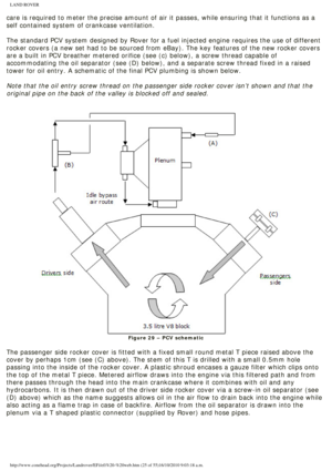 Page 25
LAND ROVER 
care is required to meter the precise amount of air it passes, while ens\
uring that it functions as a 
self contained system of crankcase ventilation. 
 
The standard PCV system designed by Rover for a fuel injected engine req\
uires the use of different 
rocker covers (a new set had to be sourced from eBay). The key feature\
s of the new rocker covers 
are a built in PCV breather metered orifice (see (c) below), a screw\
 thread capable of 
accommodating the oil separator (see (D) below),...