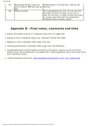 Page 55
LAND ROVER 
68Road speed sensor output too 
low at medium RPM and high air 
flow Possible sensor or wiring fault. Valid for cat 
cars only
88 Power up check Two interpretations for this. For non cat cars, 
the code is shown on power up but isn’t a 
code. For cat cars it is used to show that there 
is a purge valve fault with the evaporative 
emissions carbon canister system. 
 
 
Appendix B – Final notes, comments and links
 
l     Engine thermostat must be a 74 degrees C part with no joggle hole
 
l...