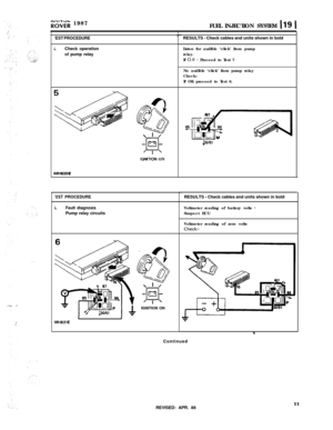 Page 66k”d;‘;r; 1987
FUEL INJECTION SYSTEM 119 1
‘EST PROCEDURE
i.Check operationListen for audible ‘click’ from pump
of pump relayrelay.If 
0.K - Proceed to Test 7
IGNtTION ON
RR182OE
[EST PROCEDURE
i.Fault diagnosisPump relay circuits
1I?R1821EIGNITION ONRESULTS 
- Check cables and units shown in bold
No audible ‘click’ from pump relay
Check:-If OK proceed to Test 6.
RESULTS 
- Check cables and units shown in bold
Voltmeter reading of battery volts 
-Suspect ECU
Voltmeter reading of zero volts
Check:-...