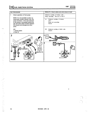 Page 67rEST PROCEDURERESULTS - Check cables and units shown in bold
7.Check operation of Fuel pumpVoltmeter reading of battery volts -Pump operating 
- Proceed to Test 8NOTE: It is not possible lo place the
multi-meter probes directly onto the
pump terminals. A link lead attached
to the pump is accessible behind the
real left hand wheel located between
the chassis and stowage area floor
panel.
(A)Voltmeter reading of battery
volts -Pump not operating
Check:‘-
KEY:1. Inertia switch
2. Fuse 18(6)Voltmeter reading...