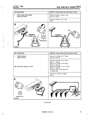 Page 681.‘:; .( : . .,‘. .::i.. .~
K’^d;\ir; 1987
FUEL INJECTION SYSTEM 119 1
~~‘EST PROCEDURE
I.Check engine speed signal
Cable and resistor
W1823E
TEST PROCEDURE
9.Check injectors,
Injector circuit
(Pin 
13 left bank injectors 1,3,5,7).
clI-IGNITION OFF
lR1824 ERESULTS 
- Check cables and units shown in bold
Voltmeter reading of battery volts 
-Proceed to Test 9
Voltmeter reading of zero volts
Check:-RESULTS 
- Check cables and units shown in bold
Ohm-meter reading of 
4-5 Ohms -Proceed to Test 10
Ohm-meter...