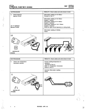 Page 69. ..’-:;,.i :.. ‘...’
. .::’?,
. . i.FUEL INJECTION
SYSTEM
‘EST PROCEDURE
0.Check injectorsInjeclor circuit
pin 
II rightbank
njectors 2,4,6,6)RESULTS 
- Check cables and units shown in bold
Ohm-meter reading of 4-5 Ohms 
-Proceed to Test 11.Ohm-meter reading of 5-6 Ohms 
-Suspect 1 injectorOhm-meter reading of 8-9 Ohms -Suspect 2 injectorsOhm-meter reading of 16-17 Ohms -
Suspect 3 injectorsCheck for open circuit injector(s) or wiring faults.
Ohm-meter reading of Infinity
Check:
10
0L-
IGNITION OFF...