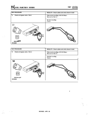 Page 71r-t19 FUEL INJECTION SYSTEM-.- - -.wII
MT PROCEDURERESULTS - Check cables and units shown in bold
13.Check air bypass valve - Part IOhm-meter reading of 48-58 Ohms -
Proceed to Test 14
Incorrect reading
Check:-
13
IGNlTtON OFF
RR1828E
ITEST PROCEDURE
14.Check air bypass valve - Part 2
0
-
I3-IGNITION 
OFFRESULTS 
- Check cables and units shown in bold
Ohm-meter reading of 
48-58 Ohms -Proceed to Test 15
I
Incorrect reading
ICheck:-
‘.16Y. .,‘.*::, ‘.REVISED: APR. 88 