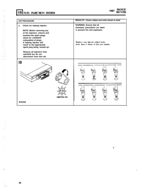 Page 75RANGE
FUEL INJECTION SYSTEMlg8’ ROVER
EST PROCEDURERESULTS - Check cables and units shown in bold
9.Check for leaking injectorWARNING: Ensure that allnecessary precautions are takenNOTE: Before removing any
of the injectors, remove and
examine the spark plugs.
check for 
consistenlcolouration of plugs.
A leaking injector will
result in the appropriate
spark plug being ‘sooted up’.IO prevent fire and explosion.
Replace any injector which leaks
more than 2 drops of fuel per minute.
Remove all injectors...