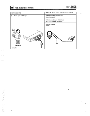 Page 77:.
‘.‘.:.
‘: .,:.
‘. .’ ,‘:
RANGEFUEL INJECTIONSYSTEM
lg8’ ROVER
‘EST PROCEDURE
!2.Check gear switch inputRESULTS 
- Check cables and units shown in bold
Voltmeter reading of zero 
volts-Neutral and park
Voltmeter reading of 
4.5-5.0 Volts-R.D.3.2.1 - Proceed to Test 23
Incorrect reading
Check:
1otw10r-d ON
RR1837E22
.
. . .‘