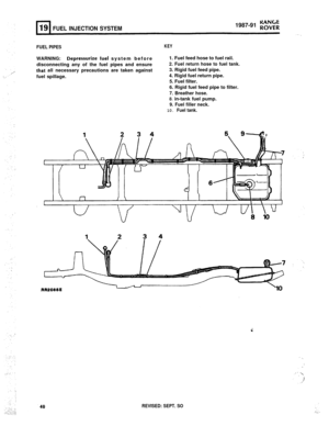 Page 95KANGE
FUEL INJECTION SYSTEM1987-91 ROVER
FUEL PIPESKEY
WARNING:Depressurize fuel system before
disconnecting any of the fuel pipes and ensure
that all necessary precautions are taken against
fuel spillage.1. Fuel feed hose to fuel rail.
2. Fuel return hose to fuel tank.3. Rigid fuel feed pipe.
4. Rigid fuel return pipe.
5. Fuel filter.
6. Rigid fuel feed pipe to filter.
7. Breather hose.
8. in-tank fuel pump.
9. Fuel filler neck.
10. Fuel tank.
RRPOISE
REVISED: SEPT. SO 