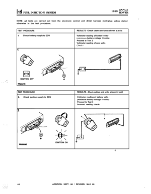 Page 99..’,.. 1,.’ .
l-119 FUEL INJECTION SYSTEM1989 t(ANbtROVER
NOTE: 
Ail tests are carried out from the electronic control unit (ECU) harness multi-plug unless stated
otherwise in the test procedure.
‘EST PROCEDURE
.Check battery supply to ECURESULTS 
- Check cables and units shown in bold
Voltmeter reading of batten/ volts 
-(mimimum battery voltage IO volts)
Proceed to Test 2Voltmeter reading of zero volts
Check:-IGNITION OFF
TEST PROCEDURE
2.Check ignition supply to ECURESULTS 
- Check cables and units...