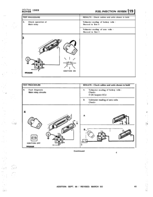 Page 100k”d;‘ir; 1989
FUEL INIECTION SYSTEM 119 1
rEST PROCEDURE
I.Check operation of
Main relayI 
-4
RESULTS - Check cables and units shown in boldVoltmeter reading of battery volts 
-Proceed to Test 5
Voltmeter reading of zero volts 
-Proceed to Test 
4
I
J
\ 1 /
-aI-cl
’ I \IGNITION ON
1.Fault DiagnosisVoltmeter readingof battery volt
Main relay circuits
IGNITION OFF
Continued
ADDITION: SEPT. 88 
! REVISED: MARCH SO45 