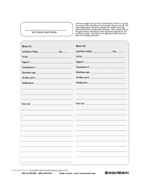 Page 1Our Land Rover experts are ready to help you, just give us a call.FAX 24 HOURS   (802) 879-9152            Order on-line:  www.roversnorth.comYour Customer Speed Number As the name suggests, the use of your “speed number” allows us to quickly
draw up your name and address on our computers whenever you call.  This
means shorter phone calls and no confusion over whether you’re John
Smith of San Francisco or John Smith of San Juan.  Take a minute to fill out
the quick-reference chart below to make ordering...