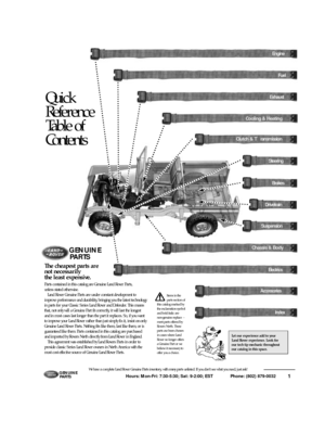 Page 21 Hours: Mon-Fri: 7:30-5:30; Sat: 9-2:00; EST             Phone: (802) 879-0032 We have a complete Land Rover Genuine Parts inventory, with many parts unlisted. If you don’t see what you need, just ask!G E N U I N E
PA RT SE n g i n e
F u e l
E x h a u s t
Cooling & Heating
Clutch & Tr a n s m i s s i o n
D r i v e t r a i n
S u s p e n s i o n
E l e c t r i c s
A c c e s s o r i e s
I n d e x
Q u i c k
R e f e r e n c e
Table of
C o n t e n t s
Let our experience add to your
Land Rover experience. Look...