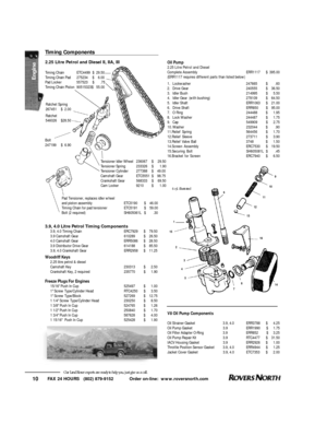 Page 11Our Land Rover experts are ready to help you, just give us a call.10Timing Components
2.25 Litre Petrol and Diesel II, IIA, III 
3.9, 4.0 Litre Petrol Timing Components3.9, 4.0 Timing ChainERC7929$79.50
3.9 Camshaft Gear610289$26.50
4.0 Camshaft GearERR5086$28.50
3.9 Distributor Drive Gear614188$85.50
3.9, 4.0 Crankshaft GearERR2958$11.25
Woodriff Keys
2.25 litre petrol & diesel
Camshaft Key230313$2.50
Crankshaft Key, 2 required235770$1.90
Freeze Plugs For Engines
15/16 Push In Cup525497$1.00
1 Screw...