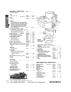 Page 15FAX 24 HOURS   (802) 879-9152            Order on-line:  www.roversnorth.com
14Our Land Rover experts are ready to help you, just give us a call.Diesel Injection Parts - Series IIA & IIIDistributor PumpNew thru Suff JERC6604$1,895.00
Glow Plug568335$32.75
Glow Plug ResistorPRC1716$23.75
Hot Plug558168$98.50
Peg for Hot PlugPA105101L$1.00
Injector
IIA up to Suff J90515552$210.00
Suff J on564332$160.00
Injector Nozzle Washer
Ser II, IIA, IIISteel12H220L$.60
Sealing Washer
For spillway tubeII, IIA,...