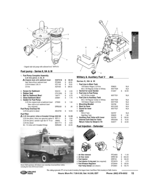 Page 1615 Hours: Mon-Fri: 7:30-5:30; Sat: 9-2:00; EST             Phone: (802) 879-0032 This catalog represents 35% of our in-stock inventory, the largest classic Land Rover Parts inventory in North America.G E N U I N E
PA RT S1
4 98
7
62
5 3
1
2
3
4
5
6Fuel pump - Series II, IIA & III
1.Fuel Pump Complete Assembly2.25 litre petrol, II, IIA, III 
Original style with sediment bowl5 4 9 7 6 1 N$9 8 . 5 0
New Style without sediment bowl RT C 6 8 0 6$6 5 . 5 0
2.25 litre diesel, II,IIA, IIIS T C 1 1 9 0$7 9 . 5 0...