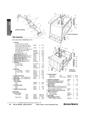 Page 17FAX 24 HOURS   (802) 879-9152            Order on-line:  www.roversnorth.com
16Our Land Rover experts are ready to help you, just give us a call.14 23
20
2124
26
30 27
1721
2116
23
35
3633 3 37
1932
9
12
13
25
2640
28
29
42
30
31
39
363538152123
16
20
2118
19
464544434241
34 16 2 1
22
10
11 8
31 5
7 7Filler Assembly
Ser II, IIA, III 88, 109 NAS 90 & 110
1.Fuel Caps
2 prong. Common on Ser II,IIA. 
Secures to outer edge of filler neck.504655$21.50
3 prong. Common on Ser IIA. Secures
to inner edge of filler...