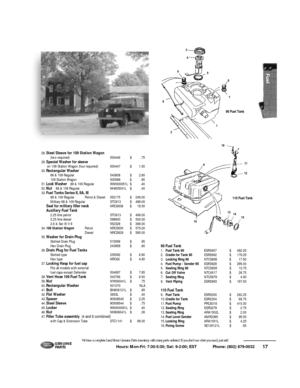 Page 1817 Hours: Mon-Fri: 7:30-5:30; Sat: 9-2:00; EST             Phone: (802) 879-0032 We have a complete Land Rover Genuine Parts inventory, with many parts unlisted. If you don’t see what you need, just ask!G E N U I N E
PA RT S28.Steel Sleeve for 109 Station Wagon
(two required)500446$.75
29.Special Washer for sleeve
on 109 Station Wagon (four required)500447$1.50
30.Rectangular Washer
88 & 109 Regular543808$2.80
109 Station Wagon500588$.95
31.Lock Washer88 & 109 RegularWM600051L$.40
32.Nut88 & 109...