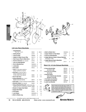 Page 191252
3
25
4
6 78
9
10
18
19
20
21
22
23
21
20 24 26
11
16 (17)
15
1412 1717FAX 24 HOURS   (802) 879-9152            Order on-line:  www.roversnorth.com
18Our Land Rover experts are ready to help you, just give us a call.132.25 Litre Petrol Manifolds
1.Intake Manifold
Petrol, Ser. II, IIA, III596000$298.00
2.Sealing Washer231576$.50
3.Vacuum OutletERC6691$3.50
4.Adapter for Brake Vacuum Pipe90513171$13.50
5.Steel Vacuum Pipe for Brake Servo569714$9.00
6.Stud for Carburetor(two required)587726$1.25
7.Liner...