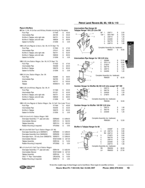 Page 2019 Hours: Mon-Fri: 7:30-5:30; Sat: 9-2:00; EST             Phone: (802) 879-0032 We stock the complete range of exhaust hangers used on Land Rovers. Please inquire for assemblies not shown.G E N U I N E
PA RT SPipes & Mufflers
88Ser. II, IIA, III Civilian and Military Models including Air Portables
Front Pipe517469$45.00
Intermediate Pipe264195$35.00
Muffler & Tailpipe, exits right side562731$52.00
Muffler & Tailpipe, exits left side598539$69.50
Gasket for Muffler213358$3.35
1092.25 Litre Regular (2...