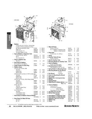 Page 21FAX 24 HOURS   (802) 879-9152            Order on-line:  www.roversnorth.com
20Our Land Rover experts are ready to help you, just give us a call.1.Radiator
2.25 litre, Ser. IIA, III 1970 on.Can be fitted 
to earlier 2.25 litre Land Rovers by fitting 
late type top and bottom hoses.  577609$390.00
Stage I V-8NRC6018$995.00
3.9, 4.0 litre 90, 110ESR3685$460.00
Oil Cooler Adapter 4.0 litreNTC3858$17.00
2.Cap for Radiator or Expansion Tank
2.25 litre, Ser IIA, 1963 onRTC3610$6.00
Ser IIIPCD100150$5.50
3.9,...