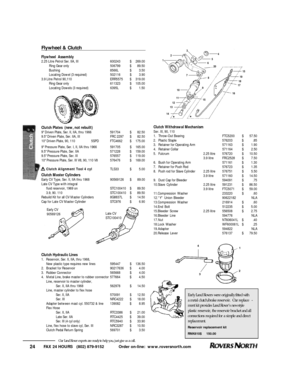 Page 25FAX 24 HOURS   (802) 879-9152            Order on-line:  www.roversnorth.com
24Our Land Rover experts are ready to help you, just give us a call.Flywheel & ClutchFlywheel  Assembly
2.25 Litre Petrol Ser. IIA, III 600243$269.00
Ring Gear only506799$89.50
Bushing8566L$3.50
Locating Dowel (3 required)502116$3.90
3.9 Litre Petrol 90,110 ERR5575$319.00
Ring Gear only611323$105.00
Locating Dowels (3 required)6395L$1.50
Clutch Plates  (new, not rebuilt)
9 Driven Plate, Ser. II, IIA, thru 1966591704$82.50
9.5...