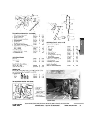 Page 2625 Hours: Mon-Fri: 7:30-5:30; Sat: 9-2:00; EST             Phone: (802) 879-0032 We have a complete Land Rover Genuine Parts inventory, with many parts unlisted. If you don’t see what you need, just ask!G E N U I N E
PA RT SClutch Withdrawal Mechanism - Series II & IIA
1.Collar (contacts pressure plate)231074$13.50
2.Oil Seal for Cross Shaft90214787$22.25
3.Bush for Cross Shaft214794NLA
4.Bush for Withdrawal Race Sleeve231075$29.50
5.Withdrawal Bearing STC1130$65.50
6.Operating Fork264807NLA
7.Spring for...