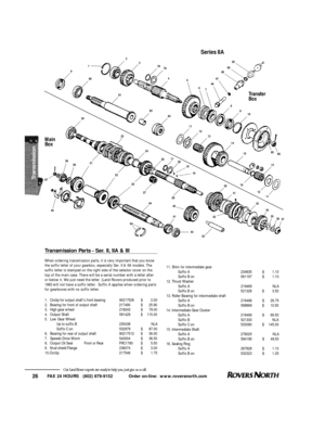 Page 27FAX 24 HOURS   (802) 879-9152            Order on-line:  www.roversnorth.com
26Our Land Rover experts are ready to help you, just give us a call.1
9
80
81
20
22
24
2617
18
19
30
31
33
37 34
35
36 29
45
32
42 41
43 27
8425 23 39 38
87
404428
2182
83
11
12
13
14
1585
1613
12
11 2
3
78
79
4
5
6
74647484950
8
9
10
86
1.Circlip for output shaft’s front bearing90217526$2.00
2.Bearing for front of output shaft217490$25.90
3.High gear wheel218243$79.00
4.Output Shaft591429$115.00
5.Low Gear Wheel           
Up...