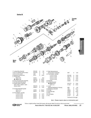 Page 2827 Hours: Mon-Fri: 7:30-5:30; Sat: 9-2:00; EST             Phone: (802) 879-0032 We have a complete Land Rover Genuine Parts inventory, with many parts unlisted. If you don’t see what you need, just ask!G E N U I N E
PA RT S10
46
47
48
50
4983828180
33
43
32
31 67
66
65
61
64
22
69
2073
72
717477
76
7534 9
35 37
36 9
8
567
19
18
61 51 12378794
5455
53
62 52
5153
27582859 63
6026 56
6824
7086
85
27. Roller Bearing between 
Primary Pinion & Mainshaft6397$6.50
28. Thrust Washer, 3rd Gear
3.18 mm...