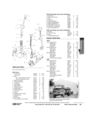 Page 3029 Hours: Mon-Fri: 7:30-5:30; Sat: 9-2:00; EST             Phone: (802) 879-0032 We have a complete Land Rover Genuine Parts inventory, with many parts unlisted. If you don’t see what you need, just ask!G E N U I N E
PA RT S2
8
28
29 1
3
4 5
6
7
22
2023
19
21
24 18
19
3130
14
15
16
17131227 9
10
1119Shift Lever Parts
Ser. II, IIA, III, 2.25 & 2.6 litreMain Lever
1.2.25 litre, LHDFRC2047$65.75
2.6 litre, LHDFRC3531$57.75
2.Knob
Ser. II, IIA thread type with flat top217735$5.50
Ser. IIA, III round press-on...