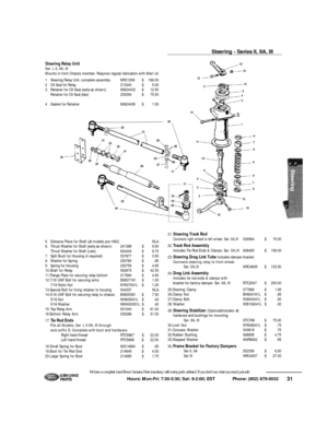 Page 321215
13
3
4
5 2
14
11
5
4
3
2
16 242328
34
30
3231
33
32
312122
25
25
27 26
17
18
19
20
12 1
6
7
8
9
8
7
6
13
10
17
282931 Hours: Mon-Fri: 7:30-5:30; Sat: 9-2:00; EST             Phone: (802) 879-0032 We have a complete Land Rover Genuine Parts inventory, with many parts unlisted. If you don’t see what you need, just ask!G E N U I N E
PA RT S
5.Distance Piece for Shaft (all models pre-1962)NLA
6.Thrust Washer for Shaft (early-as shown)241388$9.50
Thrust Washer for Shaft (Late)624434$9.75
7.Split Bush for...