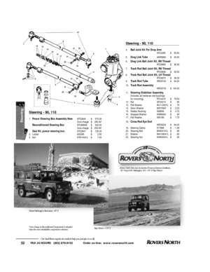 Page 33FAX 24 HOURS   (802) 879-9152            Order on-line:  www.roversnorth.com
32Our Land Rover experts are ready to help you, just give us a call.Steering - 90, 1104.Ball Joint Kit For Drop Arm
STC3295$55.50
5.Drag Link TubeANR2860$45.50
6.Drag Link Ball Joint Kit, RH Thread
RTC5869$36.50
7.Track Rod Ball Joint Kit, RH Thread
RTC5869$36.50
8. Track Rod Ball Joint Kit, LH Thread
RTC5870$36.50
9.Track Rod TubeNRC9742$54.00
10.Track Rod Assembly
NRC9743$140.00
11.Steering Stabilizer Assembly
(Includes all...