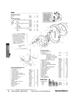 Page 35FAX 24 HOURS   (802) 879-9152            Order on-line:  www.roversnorth.com
34Our Land Rover experts are ready to help you, just give us a call.Transmission Brake Relay Lever
Ser. IIA, III except 3.5 litre
1.Vertical Rod552407$3.90
2.Lock Nut for RodNH605041L$.40
3.Anchor for Spring240708$.75
4.Return spring for Vertical Rod59663$2.50
5.Anchor for Spring, on Transfer Case267412$.75
6.Clevis Fork End275199$3.50
7.Clevis Pin with Cotter Pin216421$2.65
8.3/8 UNF Lock NutNY607041L$1.25
9.Special...