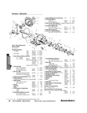 Page 37FAX 24 HOURS   (802) 879-9152            Order on-line:  www.roversnorth.com
36Our Land Rover experts are ready to help you, just give us a call.10
3
4 5
7
856
11
121314
15
16
17
18
1920
21
22
3224
29 26
27
28
30 10
1 2
31
11Gasket, Differential to Axle Housing7316$2.25
12Inner Pinion Bearing
Ser II suff A219544$18.50
Ser. IIA, III suff B on539706$38.50
13Shim for Inner Pinion Bearing– Complete size range from .003 to 
.065 is available. Please inquire.
14Set Bolt for Bearing Cap 
Ser. IIA, III thru...