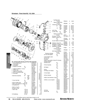 Page 39Drivetrain - Front Axle 90, 110, USAFAX 24 HOURS   (802) 879-9152            Order on-line:  www.roversnorth.com
38Our Land Rover experts are ready to help you, just give us a call.Top Railco Bush 
110 onlyFRC2916$36.50
Wafer for Railco Bush
110 onlyFRC2906$3.50
19.Swivel Pin Housing 
90Right FTC5298$259.00
Left FTC5297$259.00
110RightFTC2530$354.50
LeftFTC2531$354.50
20.Fill Plug3292$4.95
21.Drain Plug90236070$1.25
1103290$3.25
Washer for Drain Plug 
90 only 230511$.45
22.Locker 110 onlyWL108001L$.35...