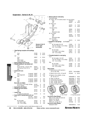 Page 41FAX 24 HOURS   (802) 879-9152            Order on-line:  www.roversnorth.com
40Our Land Rover experts are ready to help you, just give us a call.9.Bottom plate for road spring
Front bottom plate
88  Diesel / 109  All models (except 1 ton and military)
RightNRC3891NLA
Left624079$55.00
88  Petrol only
Right624078$79.00
Left624077$49.00
1 ton and military
Right598536$159.00
Left592177$150.00
Rear bottom plate 592179$29.00
88  All models
Right624084$69.00
Left90624083$72.50
Rear bottom plate 
109  All...