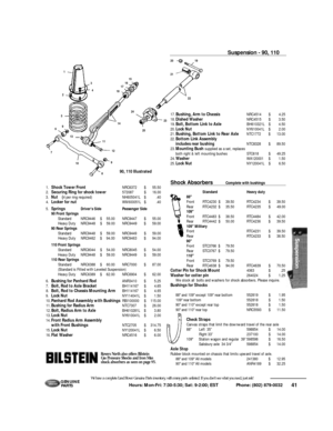 Page 42Suspension - 90, 11041 Hours: Mon-Fri: 7:30-5:30; Sat: 9-2:00; EST             Phone: (802) 879-0032 We have a complete Land Rover Genuine Parts inventory, with many parts  unlisted. If you don’t see what you need, just ask!G E N U I N E
PA RT S1
3
4
2
5
9
6
7
10
8912 1114 18171615
24
23
2522 212019
1.Shock Tower FrontNRC6372$55.50
2.Securing Ring for shock tower572087$16.00
3.Nut(4 per ring required)NH605041L$.40
4.Locker for nut
WM600051L$.40
5.SpringsDriver’s SidePassenger Side
90 Front Springs...