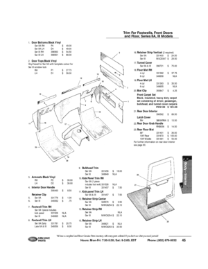Page 4645 Hours: Mon-Fri: 7:30-5:30; Sat: 9-2:00; EST             Phone: (802) 879-0032 We have a complete Land Rover Genuine Parts inventory, with many parts unlisted. If you don’t see what you need, just ask!G E N U I N E
PA RT S2
3.Armrests Black Vinyl
RHP2$      39.90
LHD2$      39.90
4.Interior Door Handle
306460$8.50
Retainer Clip
5.Ser IIA331776$1.00
6.Ser III349362$.75
7.Footwell Trim RH 
Ser IIA 1piece includes
kick panel331526NLA
Ser III349365NLA
8.Footwell Trim LH
Ser IIA Early 331781$20.75
Late IIA...
