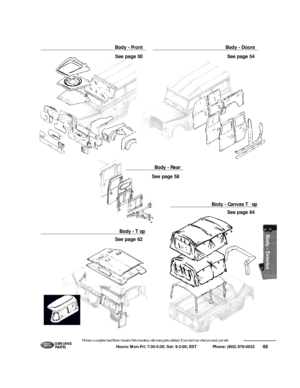 Page 5049 Hours: Mon-Fri: 7:30-5:30; Sat: 9-2:00; EST             Phone: (802) 879-0032 We have a complete Land Rover Genuine Parts inventory, with many parts unlisted. If you don’t see what you need, just ask!G E N U I N E
PA RT SBody - Front Body - DoorsBody - Canvas To p‘See page 50
‘See page 54
‘See page 58
‘See page 64Body - RearBody - To p
‘See page 62 