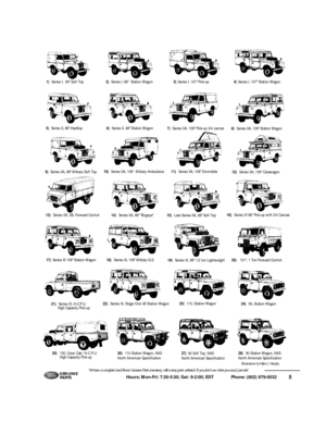 Page 65 Hours: Mon-Fri: 7:30-5:30; Sat: 9-2:00; EST             Phone: (802) 879-0032 We have a complete Land Rover Genuine Parts inventory, with many parts unlisted. If you don’t see what you need, just ask!G E N U I N E
PA RT S17)Series III 109 Station Wagon12)Series IIA, 109 Carawagon
22)Series III, Stage One V8 Station Wagon4)Series I, 107 Station Wagon
27)90 Soft Top, NAS
North American Specification
1)Series I,  80 Soft Top2)Series I, 86Station Wagon
6)Series II, 88 Station Wagon
7)Series IIA, 109...