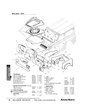 Page 51FAX 24 HOURS   (802) 879-9152            Order on-line:  www.roversnorth.com
50Our Land Rover experts are ready to help you, just give us a call.Body parts -  Front2
14A 4C5C8
5A
5E 6
4F
11B11A1012
16 1314 9D 9A
15 4G 3
1.Front Bumper 
SERII, IIA, III galvanized 564704$135.00
Military Air Portable galvanizedNRC6830$125.00
90 & 110 galvanizedNRC9211$148.50
90 & 110 USA black ‘93 & ‘94ANR1459$427.00
90 USA black ‘95 onANR3822$239.00
Bumper Bolts Ser II, IIA, IIINRC2384$1.50
Nyloc Nuts Ser II, IIA,...